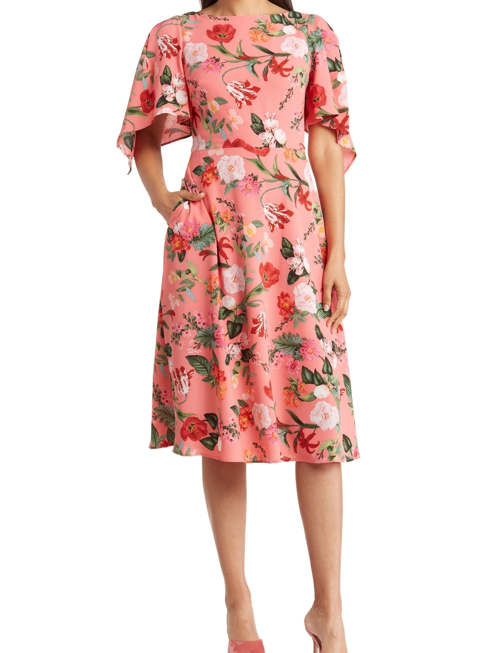 "Vince Camuto" Coral Pink Floral Midi Dress